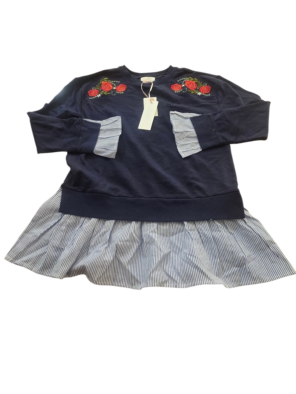 Navy Sweatshirt Dress with Striped Hem and Bow Detail